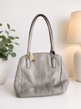 Coach Prairie Satchel Purse Pebbled Leather Taupe Gray Dome Bag Hangtag